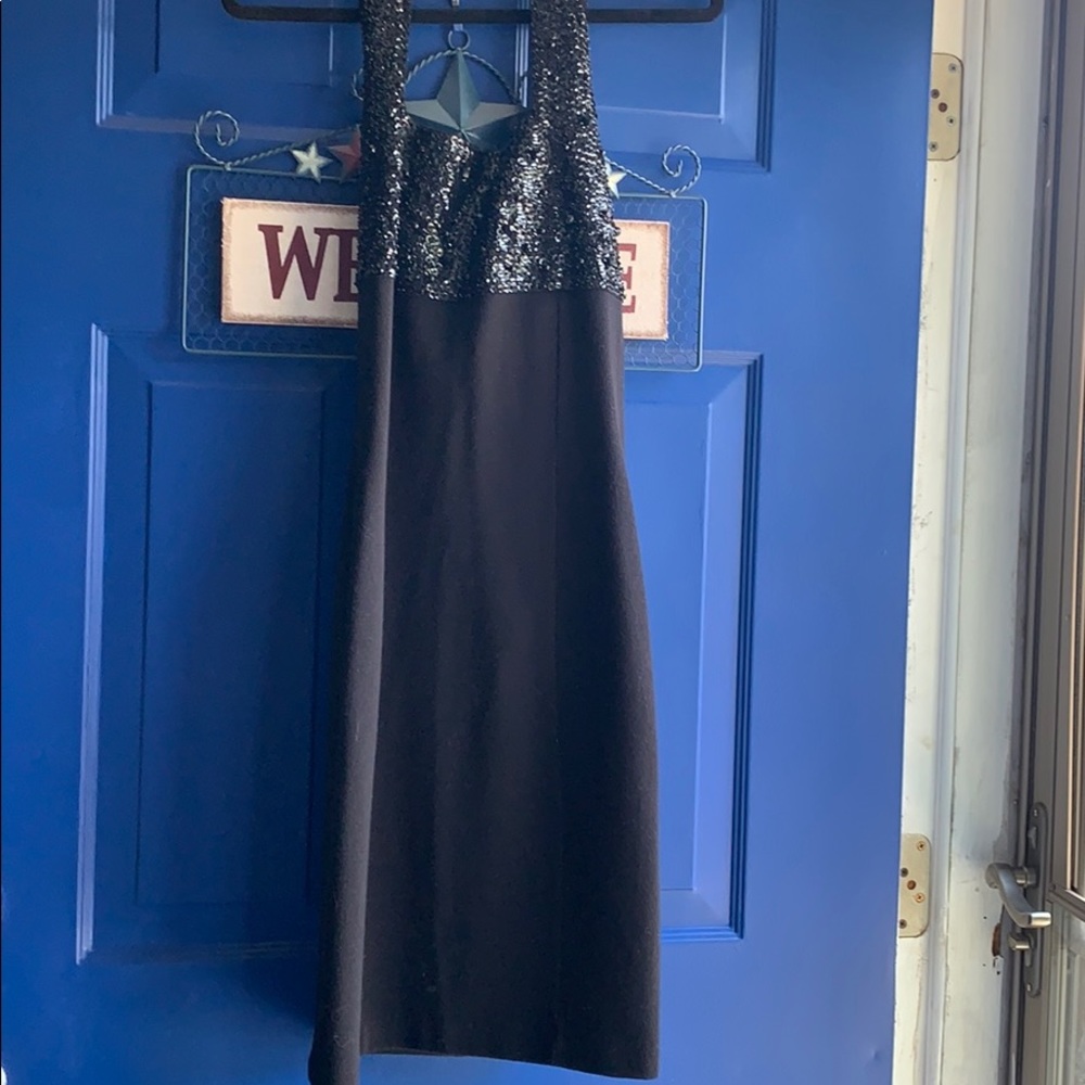 Black fitted halter dress with sequins